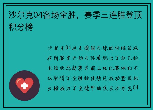 沙尔克04客场全胜，赛季三连胜登顶积分榜