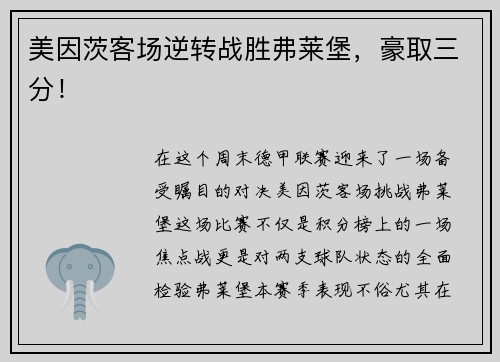 美因茨客场逆转战胜弗莱堡，豪取三分！